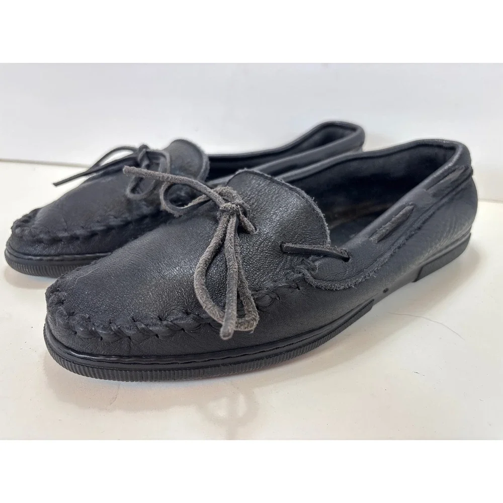 Minnetonka Moosehide Classic Moccasins Black Leather Loafers Men 8.5 US